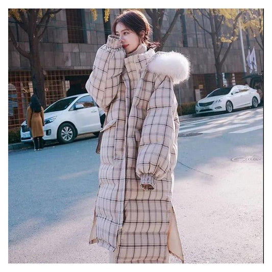 Raccoon Large Fur Collar Plaid Down Jacket Women Mid-length Long Thick and Loose