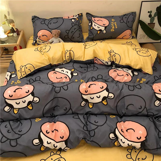 Brand New Washed Cotton Cartoon Quilt Cover Sheet Four-piece Cute Bedding