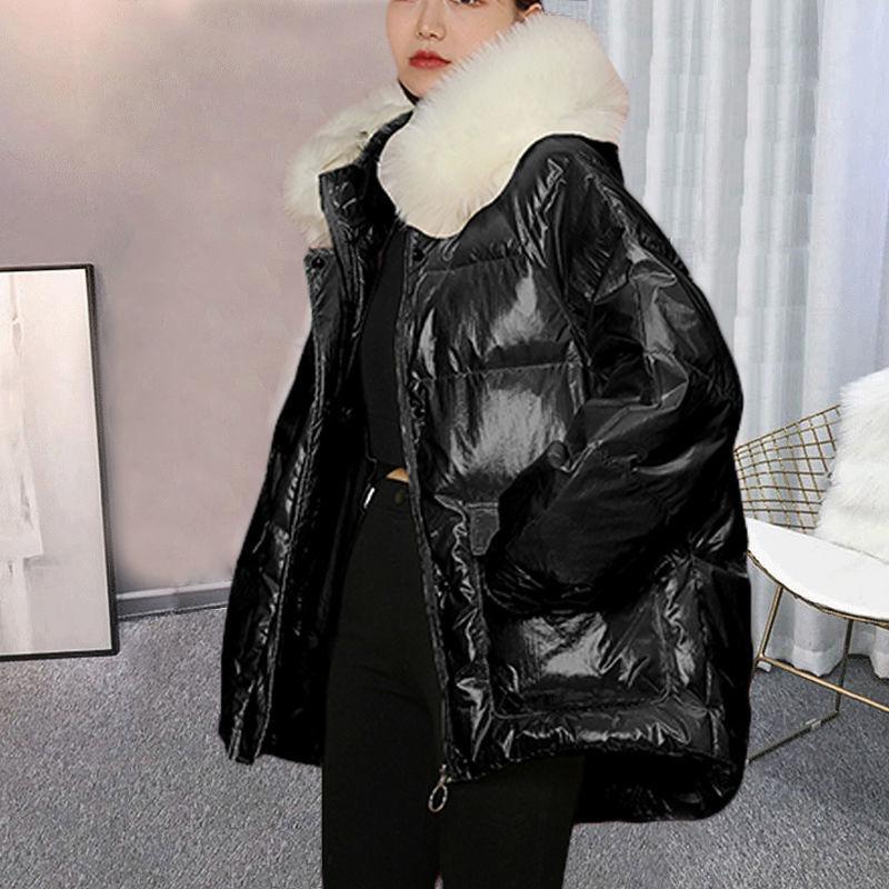 Women's Bright Face Hooded Down Jacket Mid-length Korean Loose Thick Coat Warm Cotton Coat Large Wool Collar Winter Quilted Coat