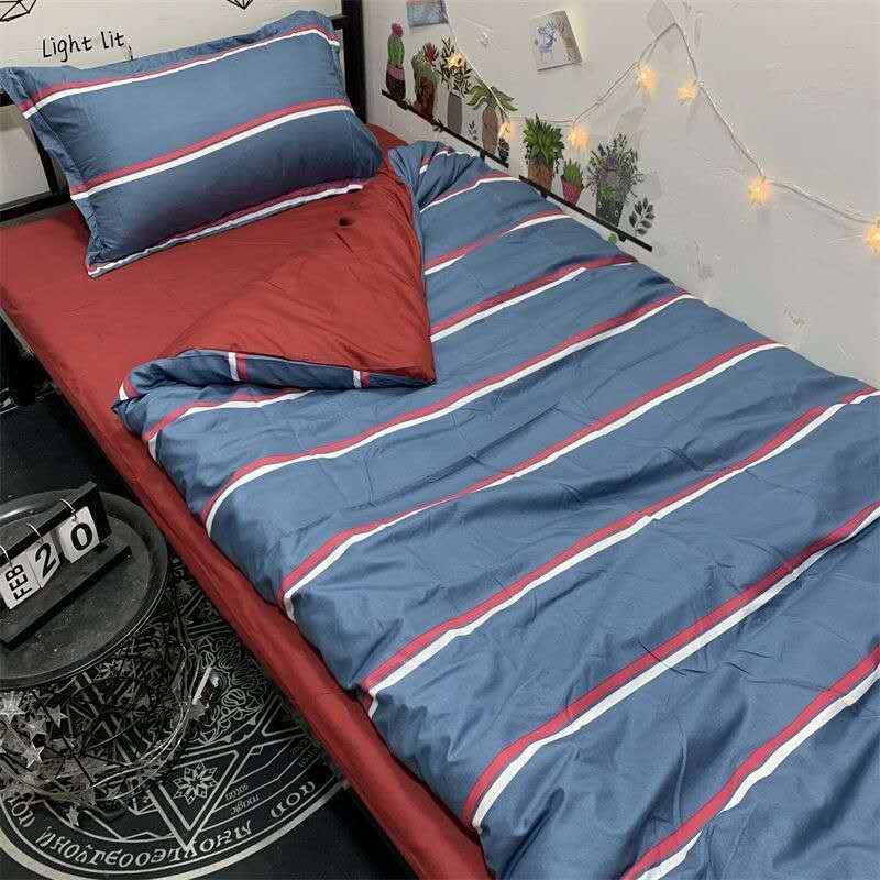 Nordic Simple Check Stripe Bed Three-piece Quilt Cover Sheet Pillow Case Single Bed Set