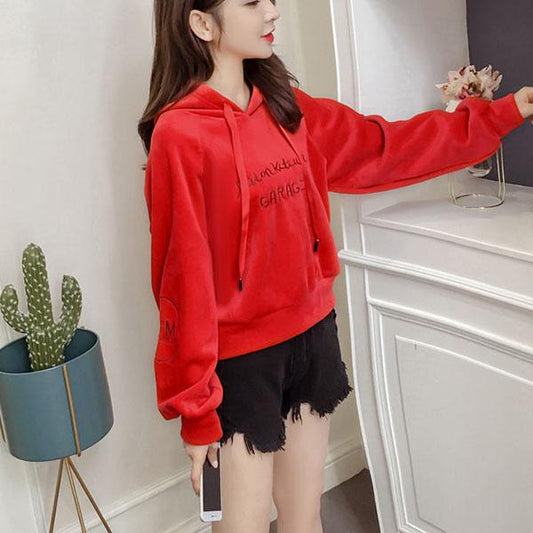 Thickened Hooded Character Tops for Women Spring and Autumn All-match Loose Long-sleeved Tops