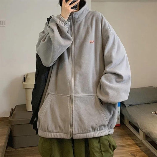 Women's Autumn and Winter Cardigan Sweater Ins Loose Korean BF Lazy Style Plus Velvet Thick Stand Collar Coat Unisex Warm Zipper Jacket