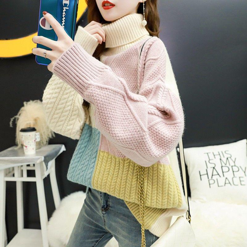 Autumn/winter Turtleneck Sweater Women Loose Thick Warm Color Block Sweater Coat Outer Wear Knit Jumper Pullover