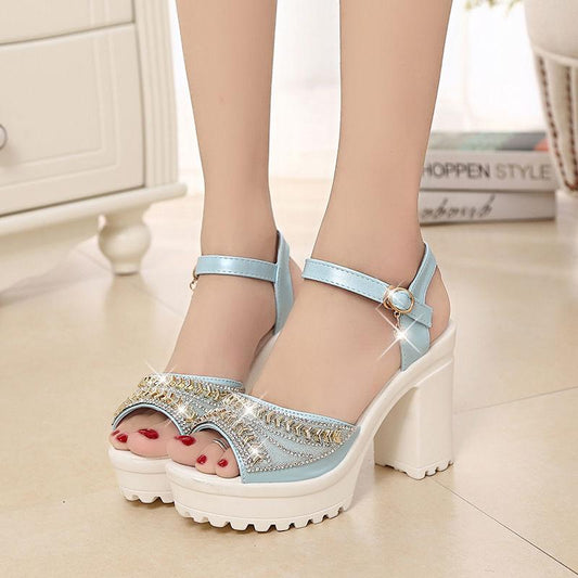 Good Quality Summer Rhinestone Fish Mouth Shoes Platform High Heel Women's Shoes Buckle Chunky Heel Sandals