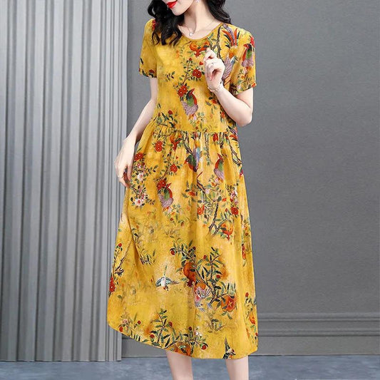 Women's Summer Plus Size Loose Long Print Dress Round Neck Slim Dress