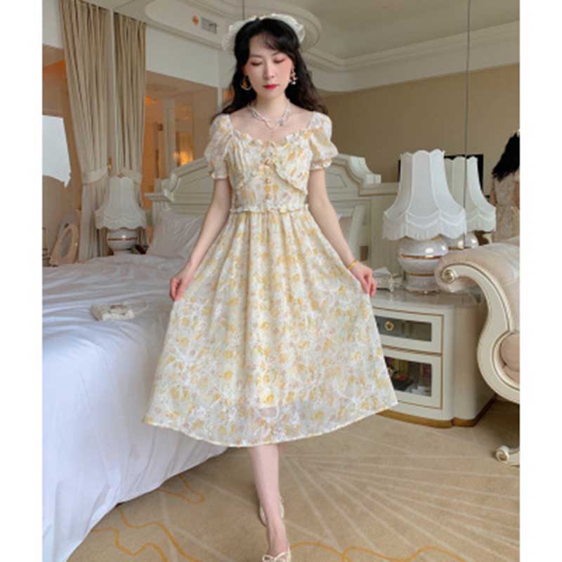 Comfortable and Gentle Floral Long Skirt French High Waist Slim Dress Women's Summer Style