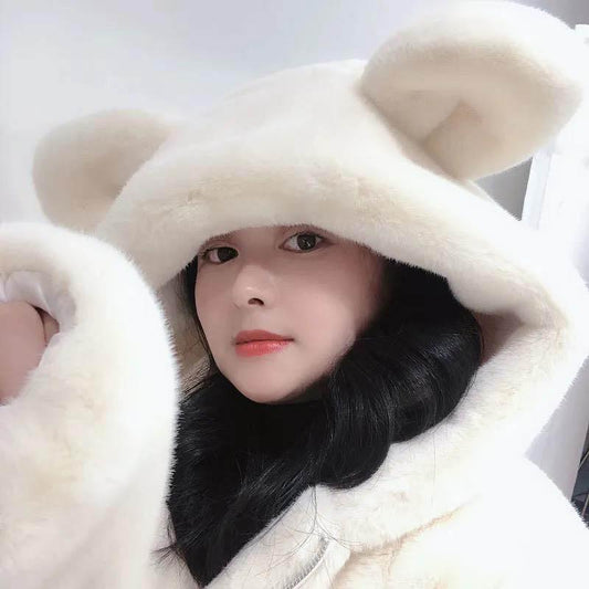Winter Cute Bear Ears Plush Plush Warmth Loose Mink Hair Mid-length Fur Coat Women