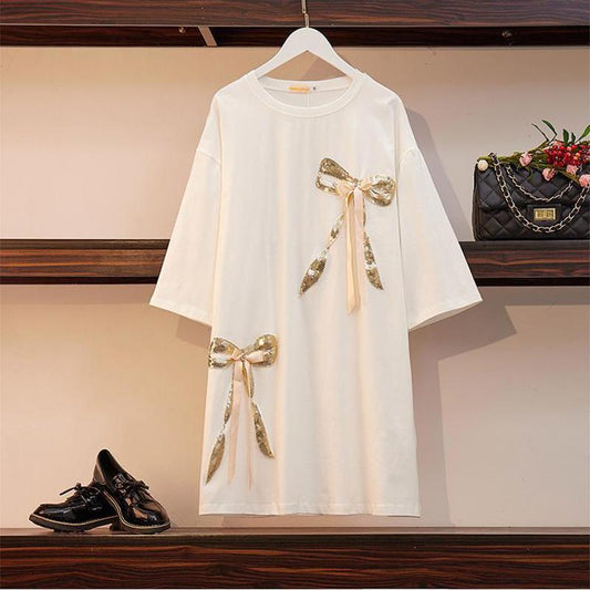 Big Bow Decoration Women Dress Girl Loose O-Neck Batwing Sleeve Casual Long T-shirt Dress Big Loose Home Comfort Outer Convenient