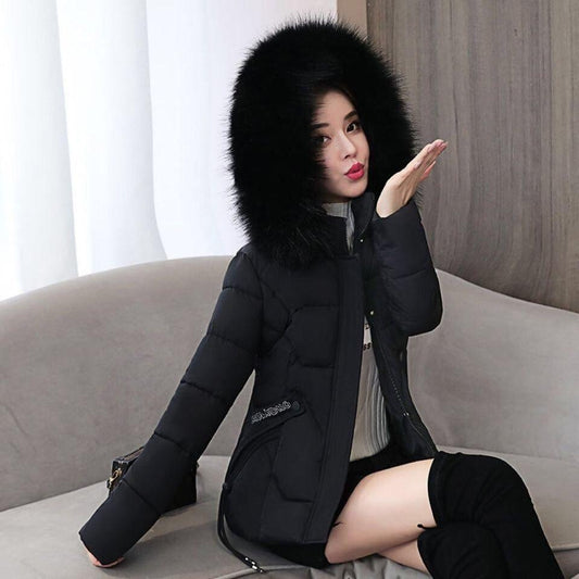 Women's Short Slim Slimming Down Padded Jacket, Detachable Big Fur Collar, Fashion Winter Small Padded Jacket