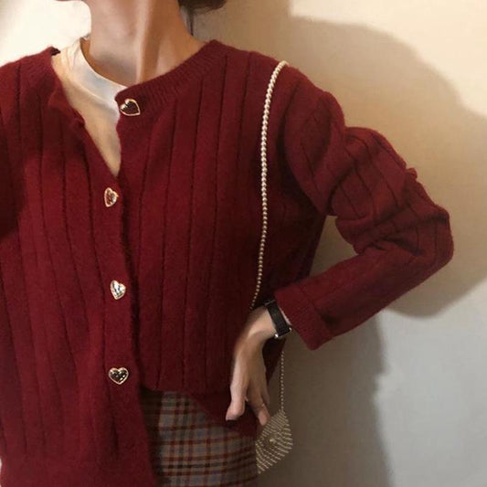 Sweet Love Buttons Show White and Red Short Casual Women's Sweater Cardigan Slim Loose Striped Round Neck Sweater