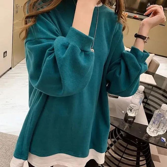 Fake Two-piece Round Collar Tops Women's Autumn Loose Long Sleeve Coats Large Size Versatile Pullover