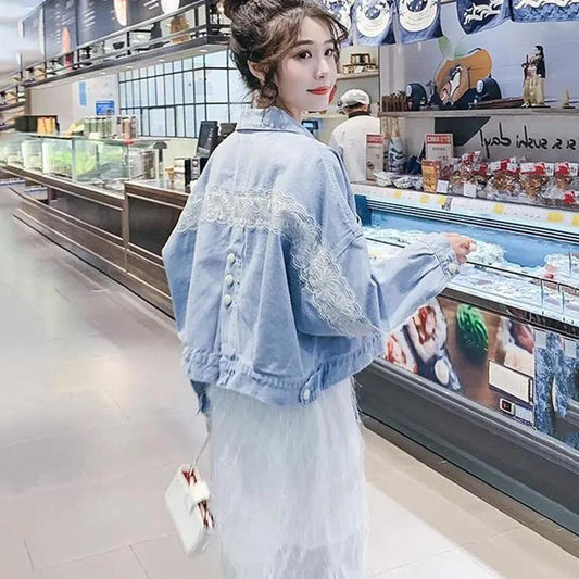 Spring and Autumn Fresh and Sweet Short Denim Jacket Women Loose Bf All-match Thin Jacket Ladies Casual Jacket Long-sleeved Denim Lace Jacket