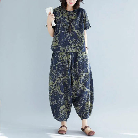 Cotton Summer Ethnic Style Printed Short-sleeved Suit Fashion Loose Harem Pants Plus Size Two-piece Women