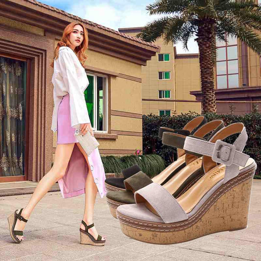 Wedge Heel Sandals Women's Summer Waterproof Platform Thick-soled Suede Small Size Fashion One-word Buckle Women's Shoes High Heels