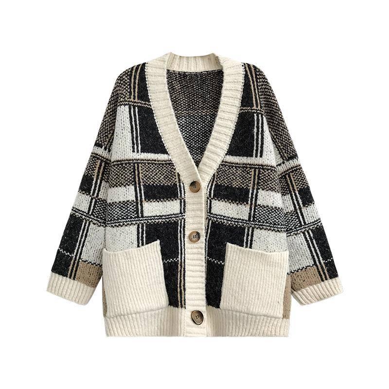 Retro Knit Cardigan Women's Loose Stitching Contrast Sweater Women's Fall Winter Top