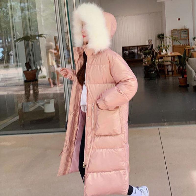 Shiny Down Cotton Jacket Fashion Color Hooded Jacket Winter Thicken Warm Long Over-the-knee Cotton Jacket Suitable for Women