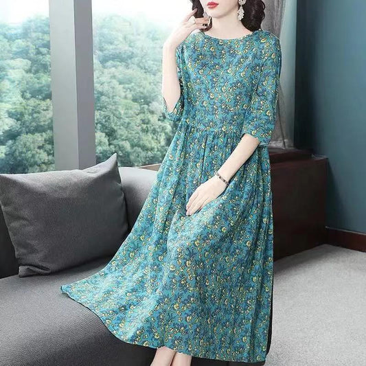 Women's Summer Dress Round Neck Skirt Women's Plus Size Mother Print Mid Length A-Line Skirt