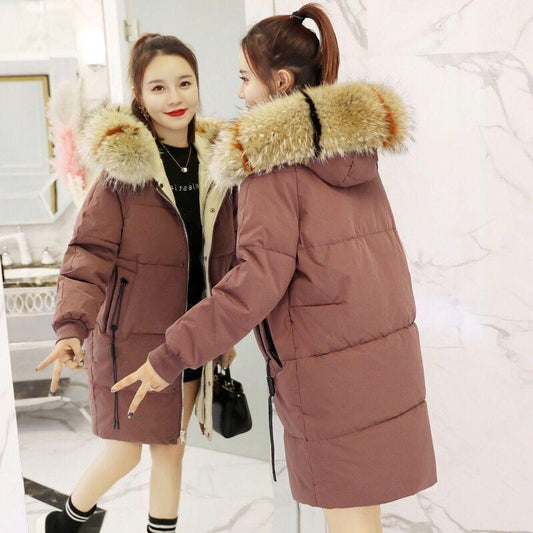 Women's Fashion Down Cotton Jacket Long Over The Knee Thickened Warm Coat Hooded Fur Collar Coat