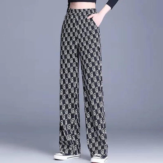 Wide Leg Pants Women's High Waist Vertical Printed Pants Spring and Autumn Loose Thin All-match Straight Casual Trousers