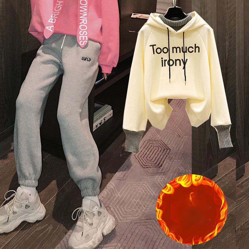Plush Thick Hoodie Two-piece Suit Women Leisure Loose Sports Suit Stand-up Collar Zipper Hoodie Suit Loose and Comfortable