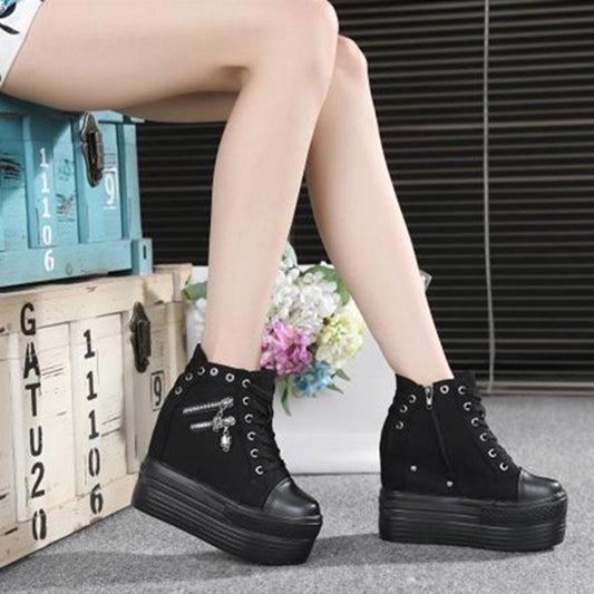 Women's Canvas Shoes Wedges Heel Thick Bottom Increased Casual Shoes High-heeled Platform Lace Up Wedge Sneakers