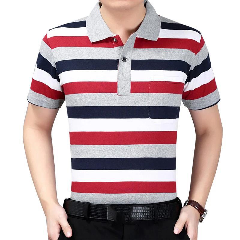 Summer Middle-aged Men's Short-sleeved T-shirt Lapel Dad Wear Summer Loose and Thin Half-sleeved Men's Striped Shirt