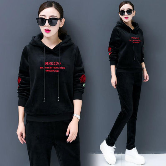 Casual Sports Suit Women's Long-sleeved Plus Velvet Padded Hoodie Women's Gold Velvet Two-piece Warmth Soft and Comfortable Ladies Casual Suit