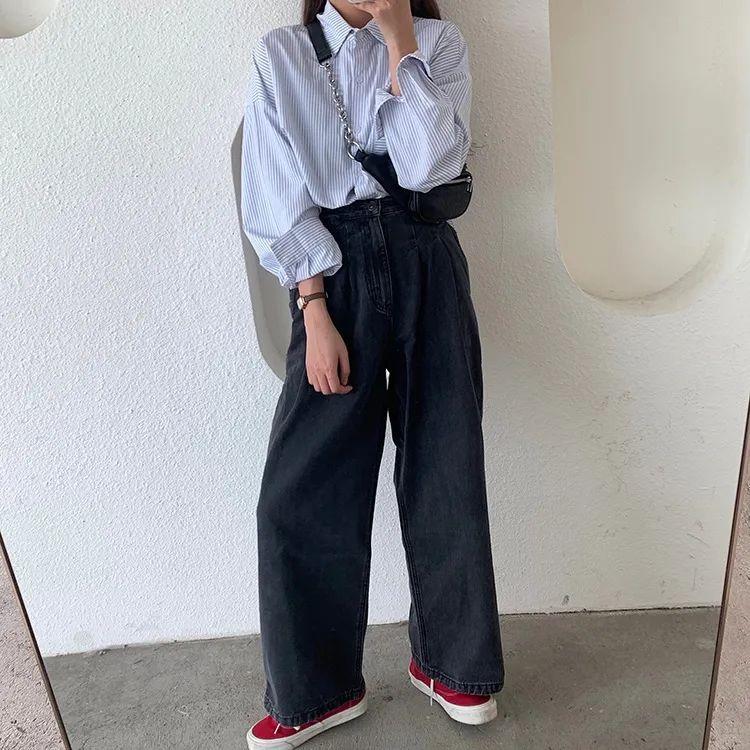 Woman Spring Summer Vintage Casual Shirt Loose Long Sleeve Striped Shirt Stand Collar Streetwear Pocket Shirt