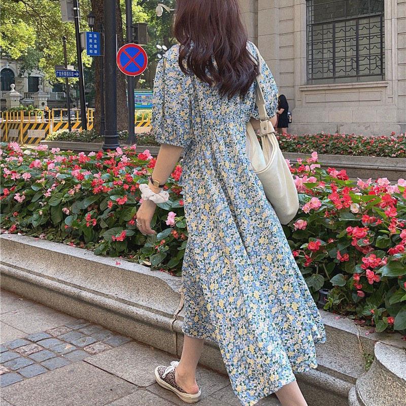 Women's Summer Long Dress Round Neck Puff Sleeve Floral Dress
