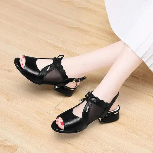 Soft Leather Fish Mouth Sandals Mesh Summer Mid-heel Comfortable Sandals Women's Soft-soled Work Shoes High-heeled Sandals