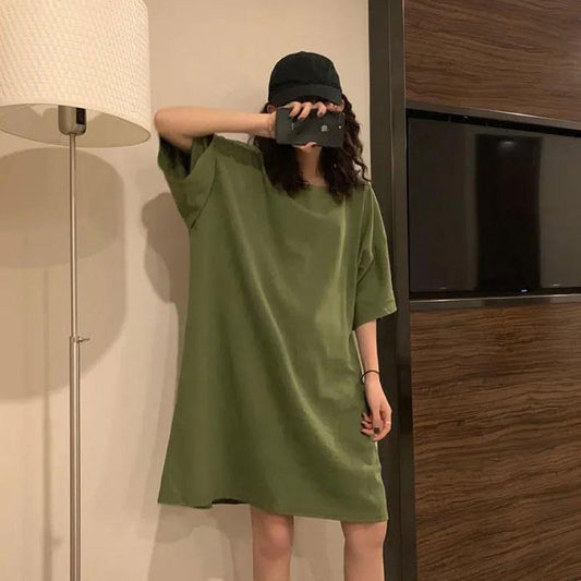 Nightdress Women's Summer Candy Color Short-sleeved Thin Home Clothes Simple Solid Color Student Summer Pajamas Outside Long Short-sleeved T-shirts