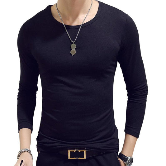 Stretch T-shirt Men Slim Tees Casual Bottoming Shirt Solid Color Pullover Long Sleeve Overshirt Male Clothing Fitness Top