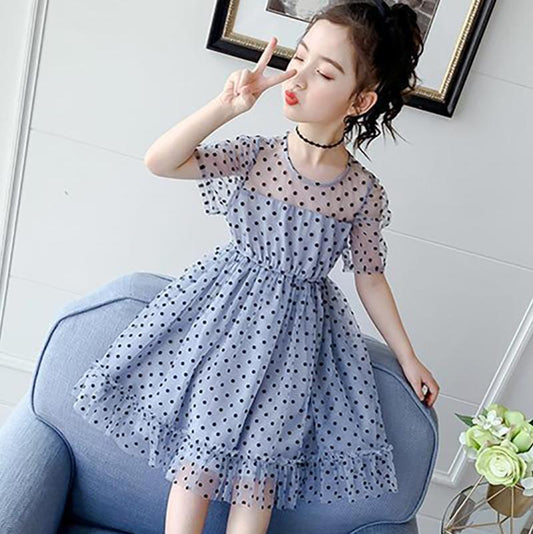 Children Dress Spring Summer Kids Clothing Baby Girls Clothing Wave Point Short Sleeve Dress Girl Mesh Dress Ruffle