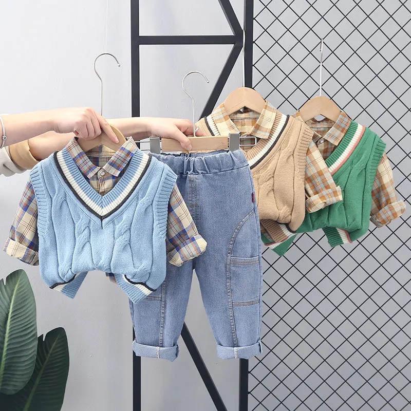 Boys Spring and Autumn Suit Handsome Baby Spring Sweater Vest Three-piece Children's Plaid Shirt Long-sleeved Comfortable Suit