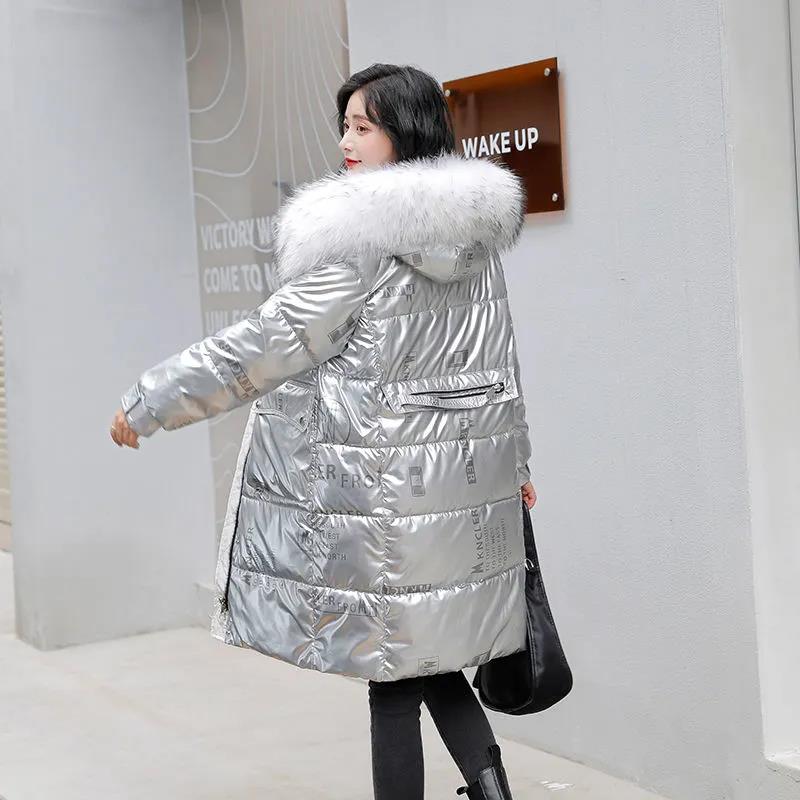 Winter Women's Bright Face Wash-free Down Padded Jacket Korean Style Loose and Thick Mid-length Large Fur Collar Padded Jacket Tide