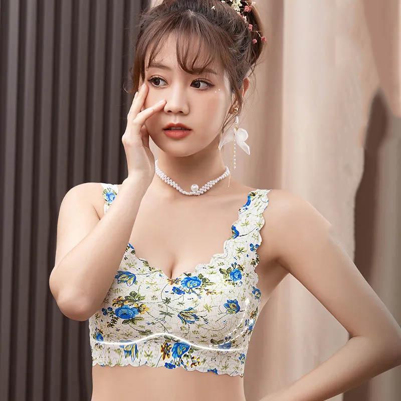 Summer Full Cup Ice Silk Breathable Printing Beautiful Back Comfortable Bra Thin Section Adjustable Gather Anti-sagging Bra