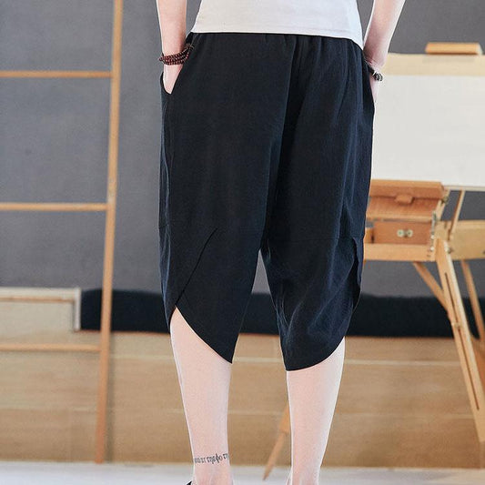 Men's Summer Chinese Style Casual Cotton Shorts Men's Cropped Pants Loose Large Size Harem Pants Wide Leg Sports Shorts