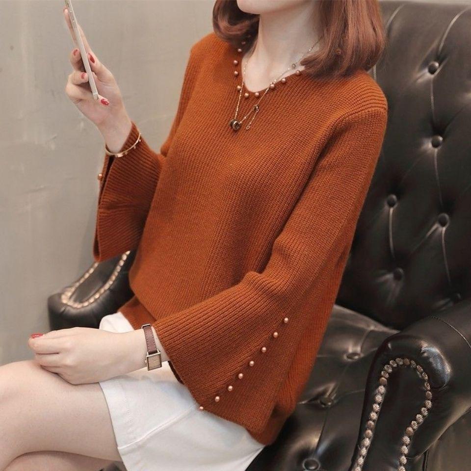 Spring and Autumn Solid Color Pullover Sweater Women's Beaded Loose Short V-neck Knitwear