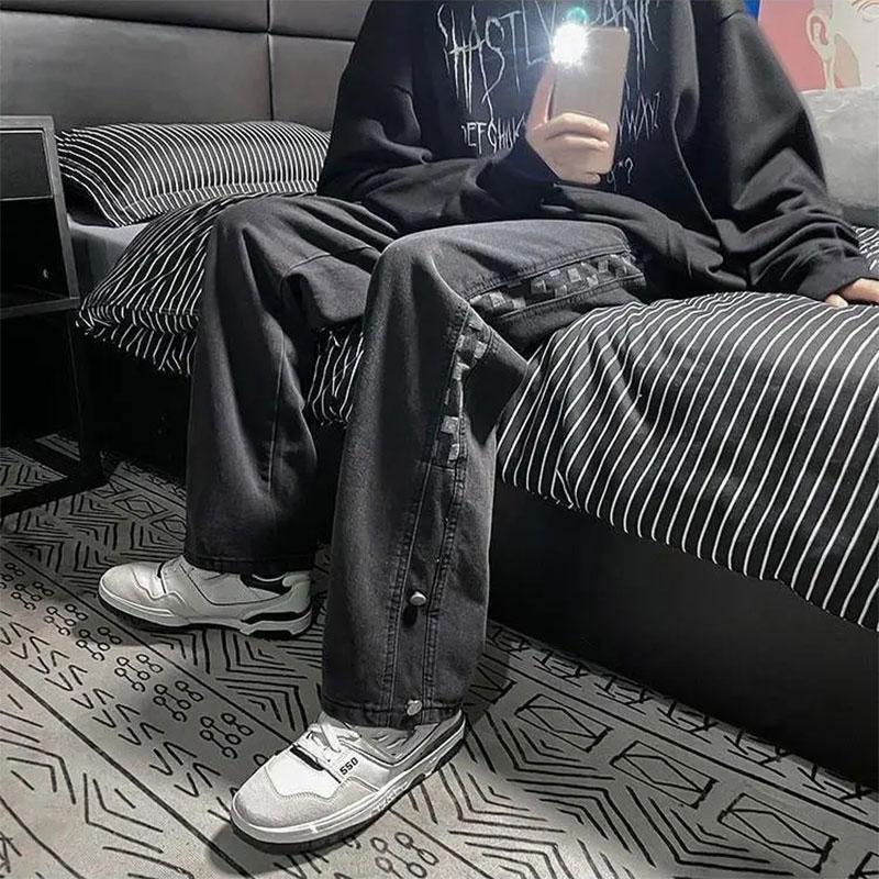 Men's Loose Straight Wide-leg Pants Autumn Ins Plaid Stitching Jeans Pendant Long Pants