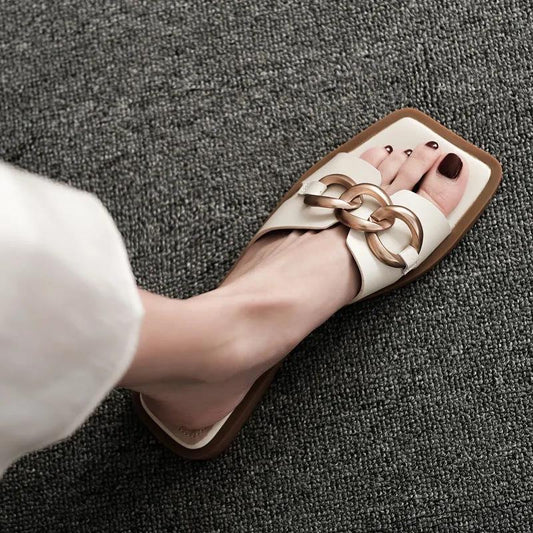 Full-leather Metal Buckle Open-toe Sandals and Slippers Women's Summer Square Head Flat-bottomed Fashion Half Slippers