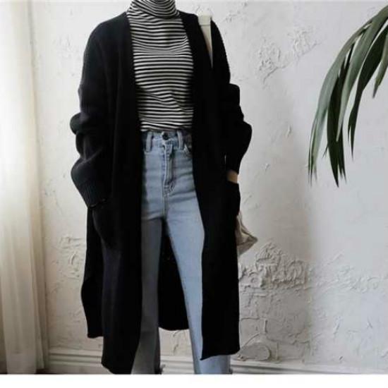 Long Cardigan Women Harajuku Loose Knit Sweater Casual Black Oversized Jacket Coat Outwear