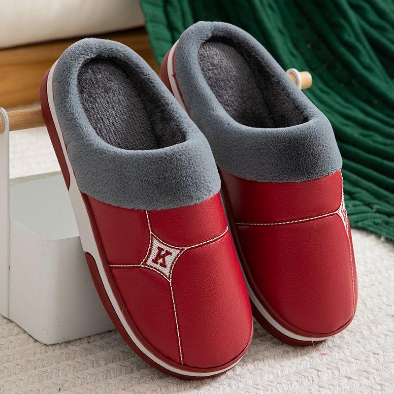 Lovers PU Lint Slippers Household Waterproof Thick-soled Warm Cotton Slippers Winter Indoor Couple Hair Slippers