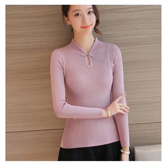 Winter China Style Traditional Buckle Bottom Sweater Retro Slim Bodycon Knit Shirt Pullover