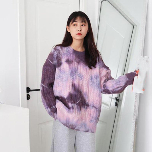 Tie-dye Sweater Women Autumn Winter Wear Long-sleeved Loose Retro Twist Pullover Sweater Thick Top
