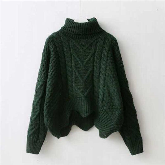 Autumn Winter Loose Turtleneck Pullover Sweater for Female Students Short Thick Thick Coarse Wool Knitted Jumper Coat Outwear