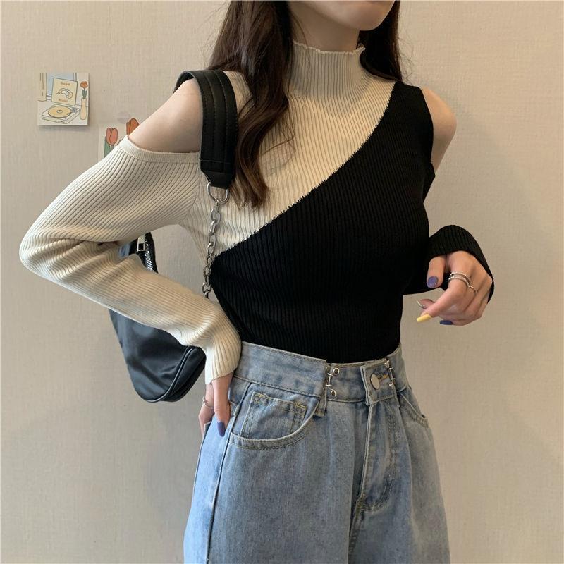 Fashion Design Contrast Sweater Strapless Sexy Long-sleeved Sweater Women's Half High Neck Bottoming Top
