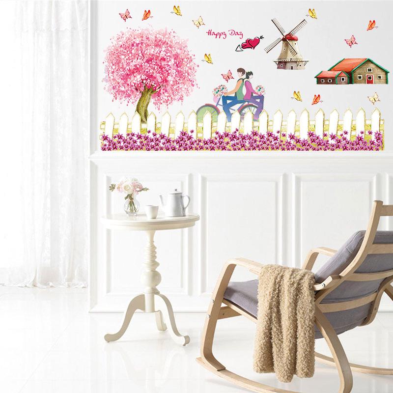 pink rustic style removable wall stickers wholesale living room bedroom wall stickers windmill fence