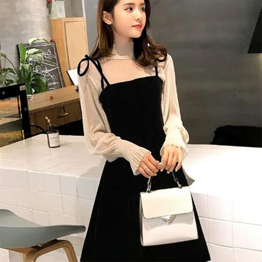 Stand Collar Spring and Autumn Solid Color Long-sleeved Dating Travel Bottoming Shirt French Suspender Dress Super Fairy Suit Skirt Female