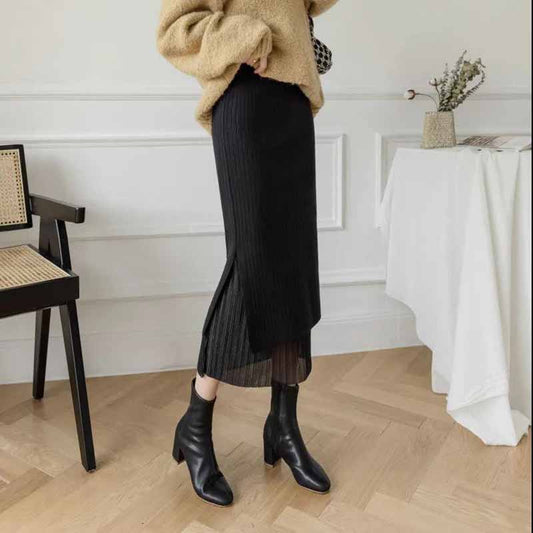 Both Sides Can Be Worn Pleated Split Knit Skirt Women's Autumn and Winter with Sweater Mid-length High Waist Bag Hip Skirt Mesh Skirt