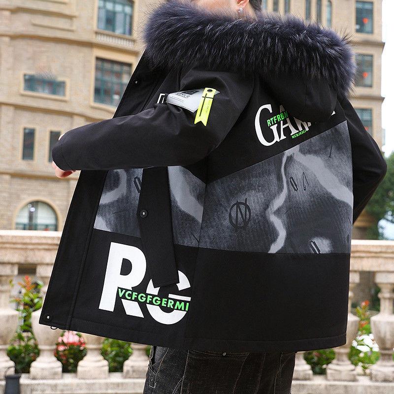 Men's Hooded Woolen Collar Cotton Padded Jacket for Young People